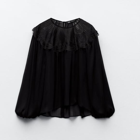 Zara Black ORGANZA BIB COLLAR BLOUSE Size Large - Picture 5 of 12